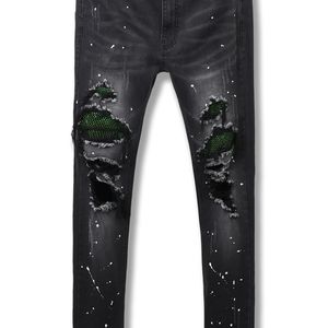 NWT KDNK Black Green Rhinestone Patched Jeans 34” Ripped Paint Splader Skinny